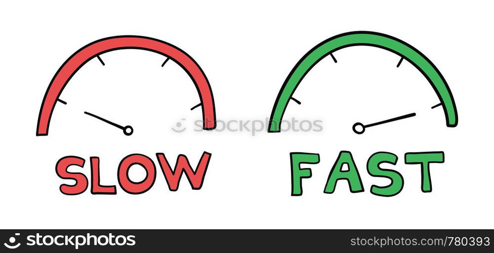 Vector hand-drawn illustration of speedometers. Slow and fast. Black outlines and colored.