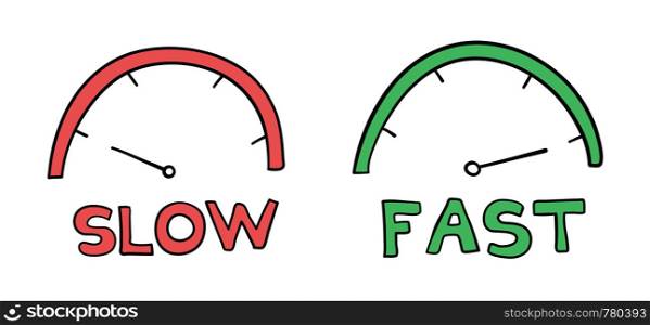 Vector hand-drawn illustration of speedometers. Slow and fast. Black outlines and colored.