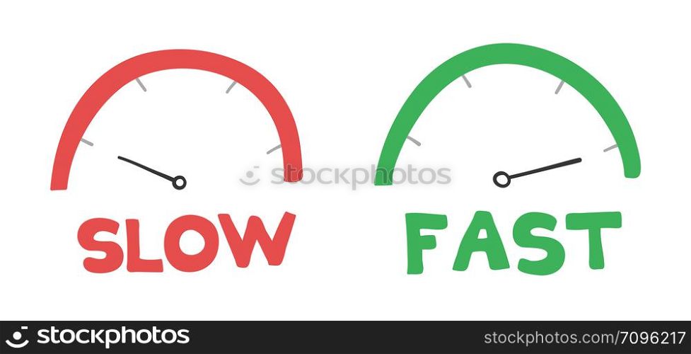 Vector hand-drawn illustration of speedometers. Slow and fast. Colored flat style.
