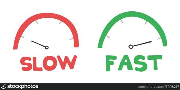 Vector hand-drawn illustration of speedometers. Slow and fast. Colored flat style.