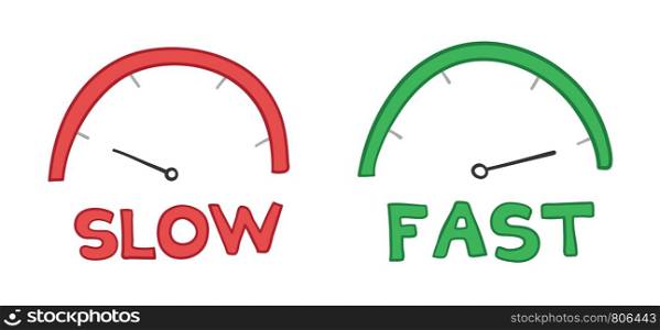 Vector hand-drawn illustration of speedometers. Slow and fast. Colored outlines and colored.