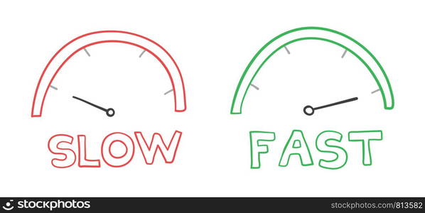 Vector hand-drawn illustration of speedometers. Slow and fast. Colored outlines and white background.