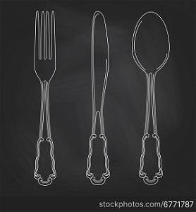 Vector hand drawn illustration with cutlery set. Sketch. Vintage illustration. Chalkboard background