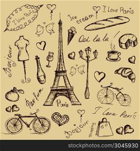 Vector hand drawn illustration with Paris symbols. Vector hand drawn illustration with Paris symbols.