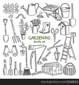 Vector hand drawn illustrations of gardening. Different doodle elements set for garden work. Gardening tool and equipment, hand drawn shovel and glove. Vector hand drawn illustrations of gardening. Different doodle elements set for garden work