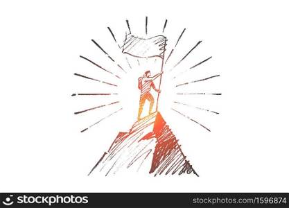Vector hand drawn Leadership concept sketch. Climber with flag conquering top of mountain.. Vector hand drawn Leadership concept sketch.