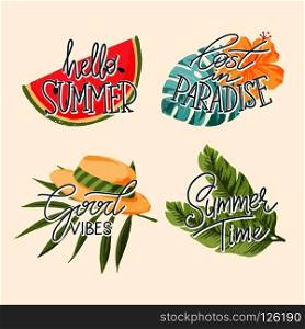 Vector hand-drawn lettering with illustrations of leaves of palm trees, watermelon, hat. Summer labels, logos, badges, tags. Tropical summer lettering