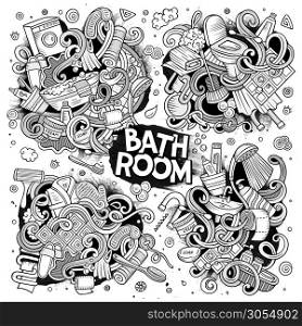Vector hand drawn line art doodle cartoon set of Bathroom objects and symbols. Vector set of Bathroom doodles designs