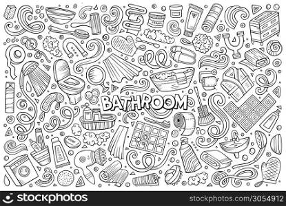 Vector hand drawn line art doodle cartoon set of Bathroom objects and symbols. Vector et of Bathroom objects