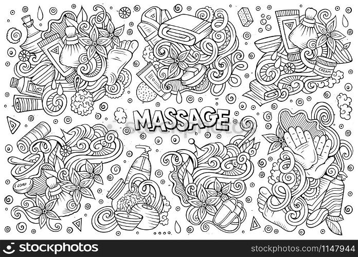 Vector hand drawn line art doodle cartoon set of Massage and Spa objects and symbols. Vector set of Massage and Spa doodle designs
