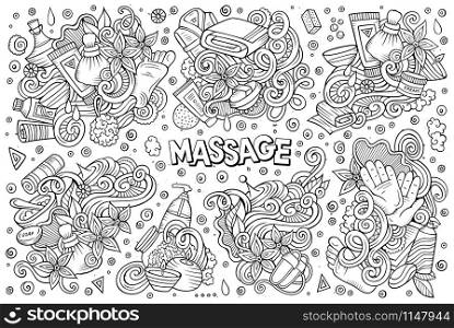 Vector hand drawn line art doodle cartoon set of Massage and Spa objects and symbols. Vector set of Massage and Spa doodle designs