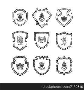 Vector hand drawn line heraldics of set illustration isolated on white. Vector hand drawn heraldics illustration