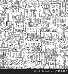 Vector hand drawn linear houses seamless pattern. Cartoon buildings background. Vector hand drawn linear houses seamless pattern.