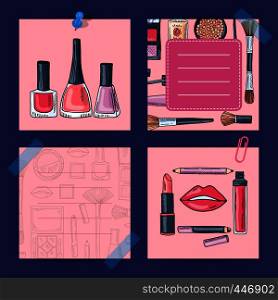 Vector hand drawn makeup products, nail polishes, lipsticks lined notes set illustration. Vector hand drawn makeup products, nail polishes, lipsticks