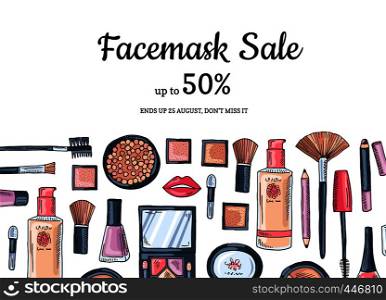 Vector hand drawn makeup products sale background illustration cartoon flat. Vector hand drawn makeup products sale background