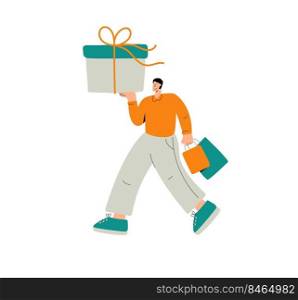 Vector hand drawn male character carrying gift box and bags from shop. Man people returning from supermarket with purchase. Holiday or birthday activity in flat style.. Vector hand drawn male character carrying gift box and bags from shop. Man people returning from supermarket with purchase. Holiday or birthday activity in flat style