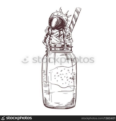 Vector hand drawn milkshake Illustration decorated with chocolate and strawberry. Sketch vintage engraved style. Design template.
