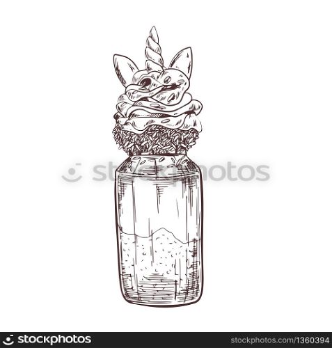 Vector hand drawn milkshake Illustration decorated with unicorn elements. Sketch vintage engraving style. Design template.