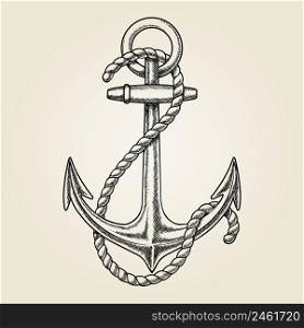 Vector hand drawn nautical anchor. Element ship, travel and drawing vintage, rope marine. Vector hand drawn nautical anchor