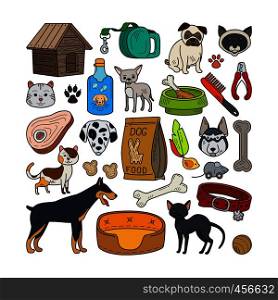 Vector hand drawn pets. Cats and dogs colorful icons. Vector hand drawn cats and dogs