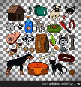 Vector hand drawn pets. Cats and dogs isolated on transparent background. Cats and dogs on transparent background
