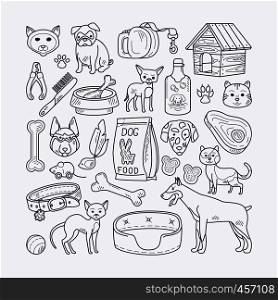 Vector hand drawn pets. Doodle dog and cat signs. Vector dog and cat signs