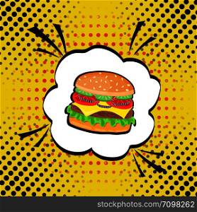Vector hand drawn pop art illustration of hamburger. Fast food. Retro style. Hand drawn sign. Illustration for print, web.
