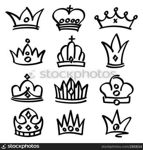 Vector hand drawn princess crowns. Sketch doodle royalty symbols. Royalty sketch crown, queen and king fashionable illustration. Vector hand drawn princess crowns. Sketch doodle royalty symbols