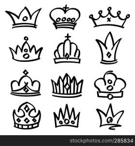 Vector hand drawn princess crowns. Sketch doodle royalty symbols. Royalty sketch crown, queen and king fashionable illustration. Vector hand drawn princess crowns. Sketch doodle royalty symbols