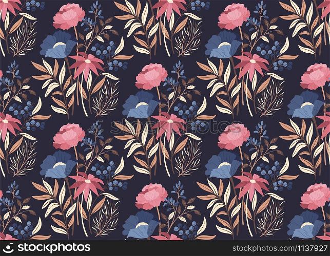 Vector hand drawn retro abstract seamless pattern with wild flowers and berries on dark background for wrapping paper, textile, wallpaper, web, fabric, card design.
