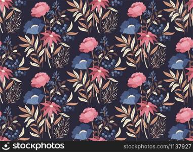 Vector hand drawn retro abstract seamless pattern with wild flowers and berries on dark background for wrapping paper, textile, wallpaper, web, fabric, card design.