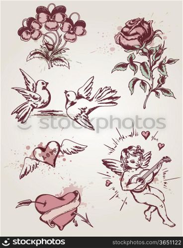 Vector hand drawn retro elements for Valentine&acute;s Day