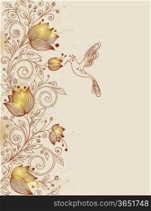 vector hand drawn retro floral background with bird