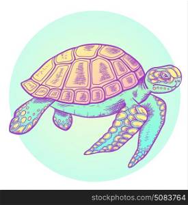 Vector hand drawn sea turtle on a round green background.