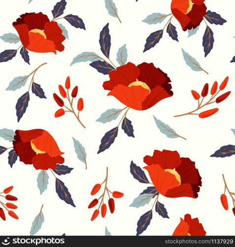 Vector hand drawn seamless pattern with red poppies on white background for wrapping paper, textile, wallpaper, web, fabric, card design.
