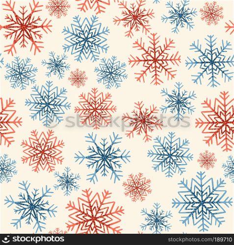 Vector hand drawn seamless snowflakes pattern with texture. Winter background