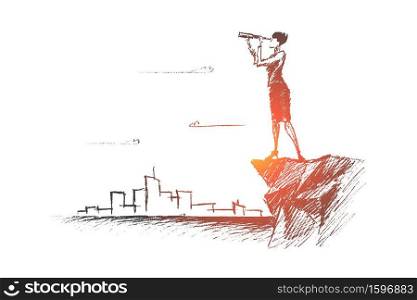 Vector hand drawn searching concept sketch. Business woman standing on the edge of rock and looking forward through spyglass with scyscrapers of big city at background.. Hand drawn business woman looking through spyglass