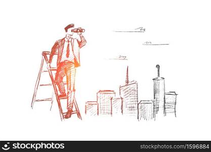 Vector hand drawn searching concept sketch. Businessman standing on stepladder and looking through binoculars with big city at background.. Hand drawn businessman looking through binoculars
