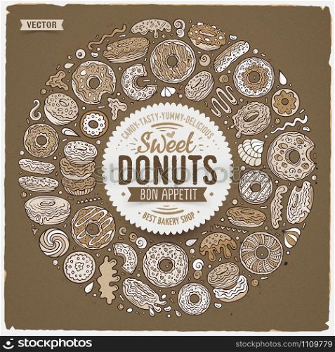 Vector hand drawn set of Donuts cartoon doodle objects, symbols and items. Round frame composition. Set of Donuts cartoon doodle objects, symbols and items