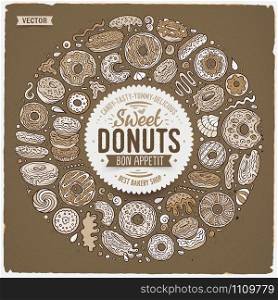Vector hand drawn set of Donuts cartoon doodle objects, symbols and items. Round frame composition. Set of Donuts cartoon doodle objects, symbols and items