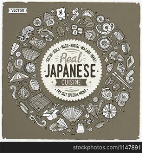 Vector hand drawn set of Japanese food cartoon doodle objects, symbols and items. Round frame composition. Set of Japanese food cartoon doodle objects, symbols and items