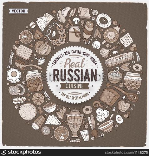 Vector hand drawn set of Russian food cartoon doodle objects, symbols and items. Round frame composition. Vector set of Russian food cartoon doodle objects