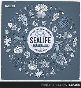 Vector hand drawn set of Sealife cartoon doodle objects, symbols and items. Round frame composition. Set of Sealife cartoon doodle objects, symbols and items