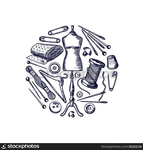 Vector hand drawn sewing elements gathered in circle illustration isolated on white. Vector hand drawn sewing elements illustration