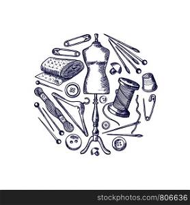 Vector hand drawn sewing elements gathered in circle illustration isolated on white. Vector hand drawn sewing elements illustration