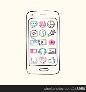 Vector hand drawn smartphone with app icon elements on screen isolated on white background illustration. Vector hand drawn smartphone with app icon elements on screen