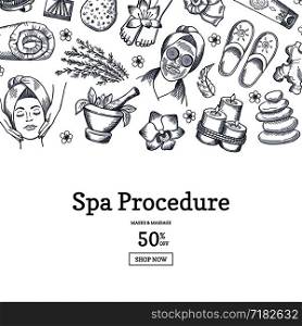 Vector hand drawn spa elements procedure background with place for text illustration. Vector hand drawn spa elements background