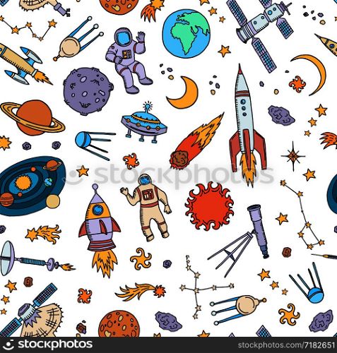 Vector hand drawn space elements background or pattern illustration. Rocket in space, planet and ufo, spaceship and asteroid. Vector hand drawn space elements background or pattern illustration