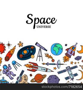 Vector hand drawn space elements background with place for text illustration. Vector hand drawn space elements background