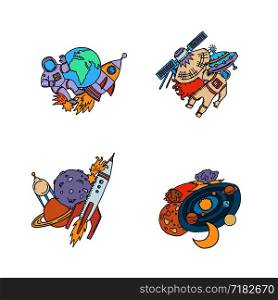 Vector hand drawn space elements piles set illustration isolated on white. Vector hand drawn space elements planet, rocket